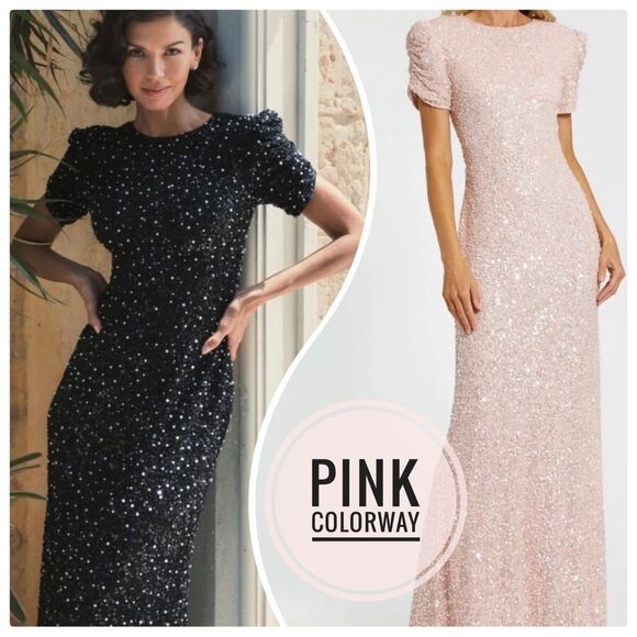 Mac Duggal 24003 Size 6 Pink Pearl Gathered Short Sleeve Long Maxi Gown Dress - Picture 1 of 6